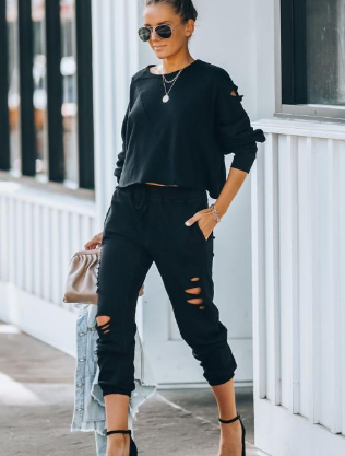 Women's Solid Color Ripped Casual Outfit