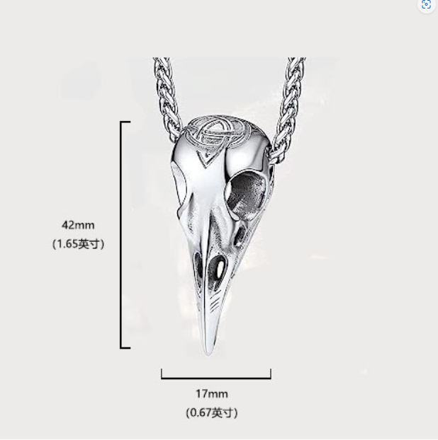 Viking Symbol Skull Eagle Beak Pendant Necklace - Silver