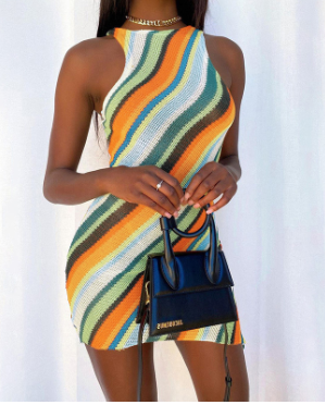 Fashion Slim Sleeveless Round Neck Striped Dress 4