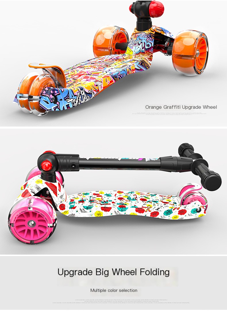 Swiss surfing children folding scooter boys and girls graffiti wide wheel scooter three four-wheel flash pulley