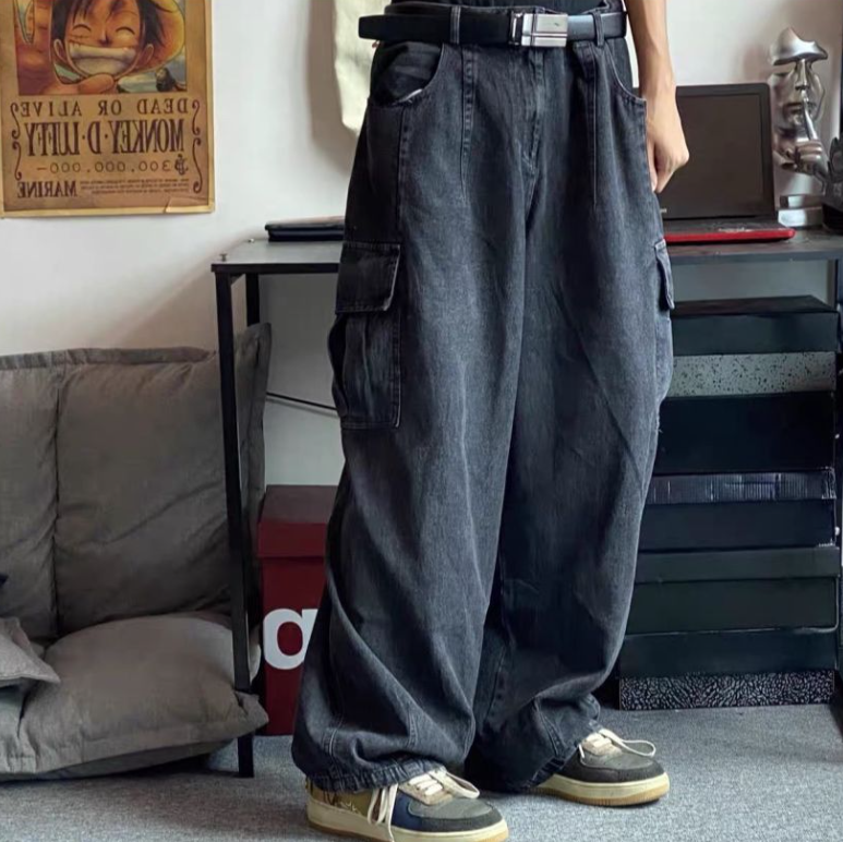 Men's High Street Vintage Washed Loose Wide Leg Jeans - Black