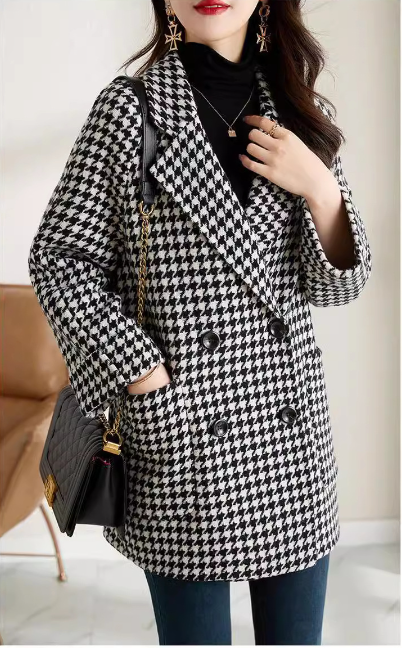 Houndstooth Women's Casual Suit Woolen Coat - Side View