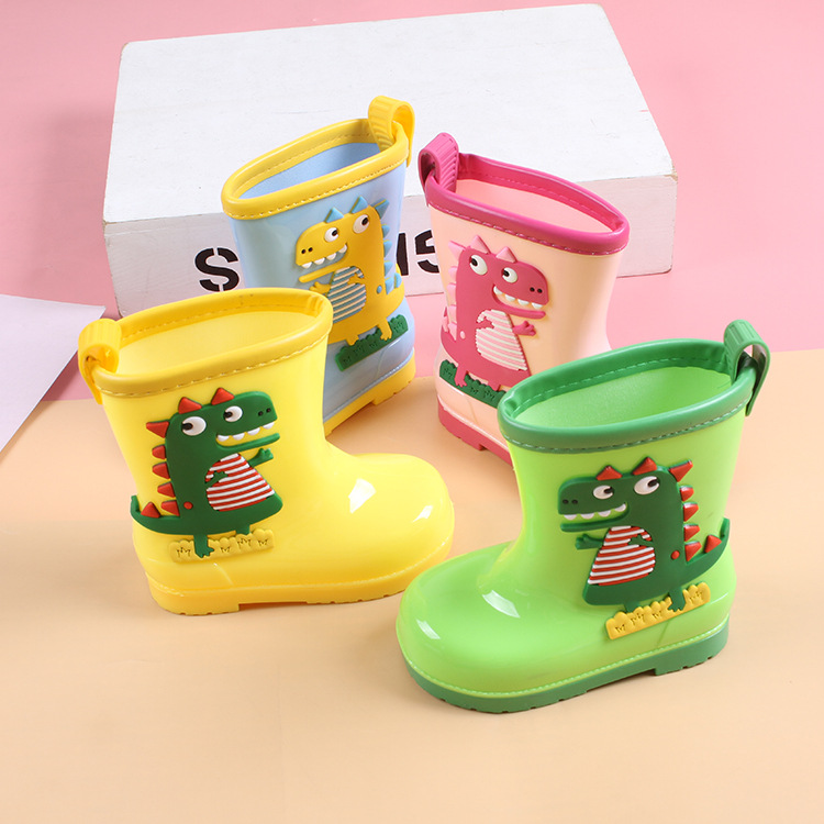 Yellow dinosaur rain boots