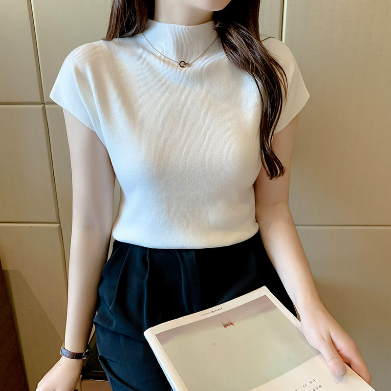 Knitwear Women's Ice Silk Short-sleeved Top Women's Half-high Collar Slimming Women's T-shirt Base Outer Wear Short Solid Color Pullover image