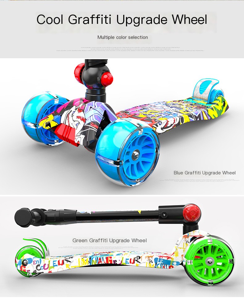 Swiss surfing children folding scooter boys and girls graffiti wide wheel scooter three four-wheel flash pulley
