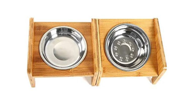 Wooden Cat Dog Bowl Rack