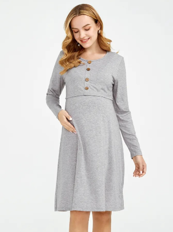 Maternity Casual Crew Neck Button Down Pullover Dress