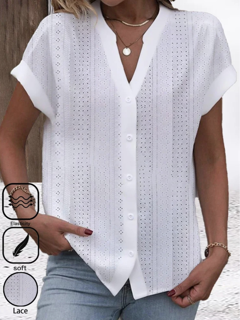 Summer Simple Casual V-neck Blouse in White Flowers
