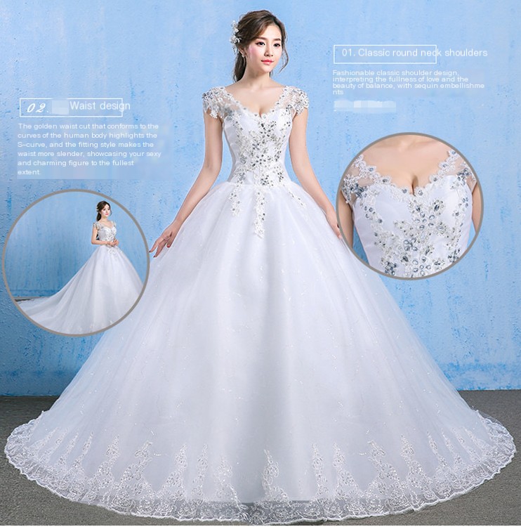 Luxury Spark Wedding Dress V-Neck Lace Appliques Rhinestone Bride Gowns 2024 Open Back Cap Sleeve Beach vestidos de novia