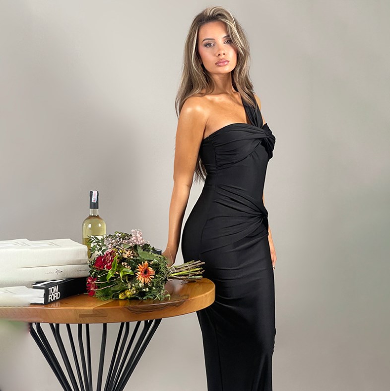 Model wearing the dress in red