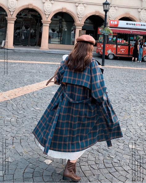 French Green Plaid Woolen Coat Image 8