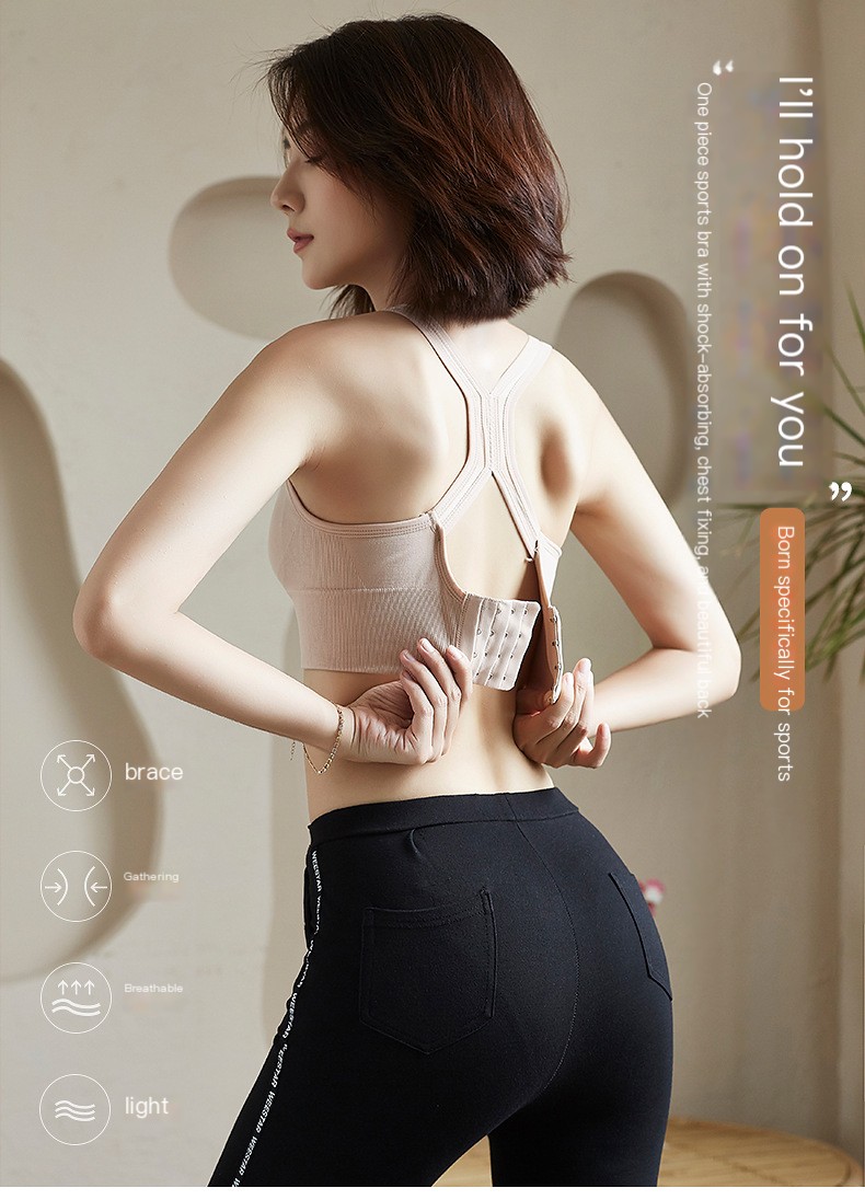 Adult women's imported cotton padded sports bra, rear view showing fixed double shoulder straps and shaped back, HS code 6212.10.