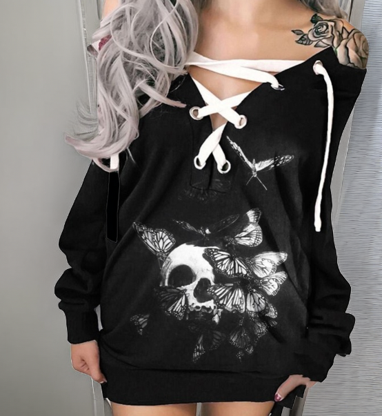 Gothic Skull Print Pullover Sweatshirt Back View