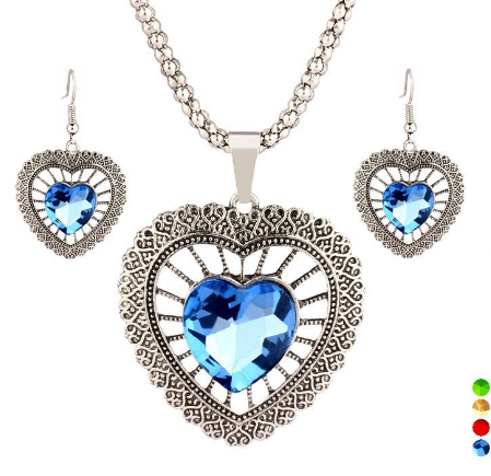 Heart Necklace and Crystal Earrings - Blue