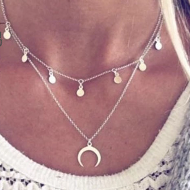 Moon and Crescent Layered Necklace - Detailed View