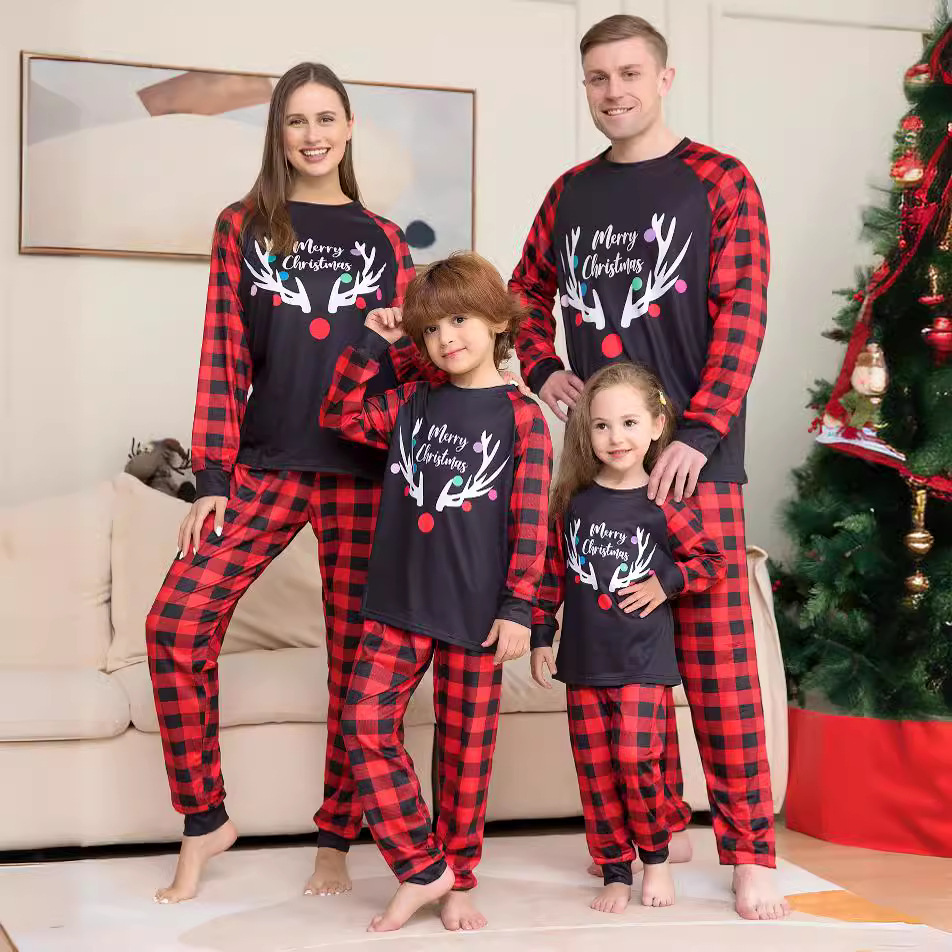 2022 Amazon Cross-border New Christmas Home Clothes European and American Antlers Printed Plaid Two-piece Pajamas image