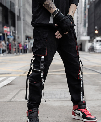Men's Spring Casual Trousers in Black with Red