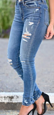 Casual Women's Fitted High Waist Frayed Washed Jeans - Image 4