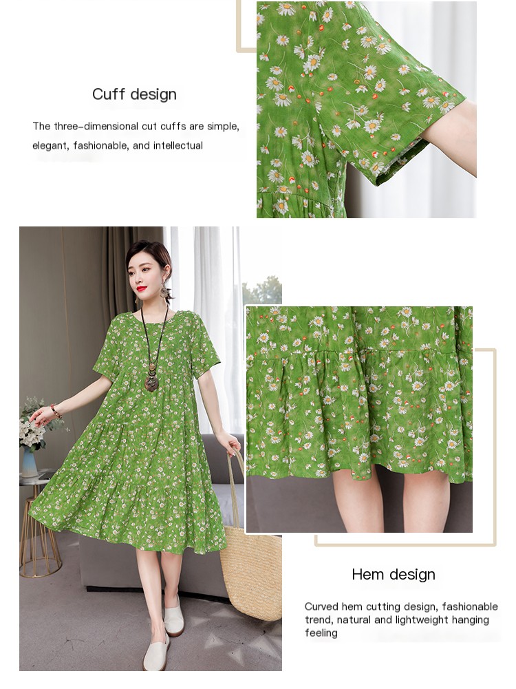 Mom Loose Slim Floral Cotton Silk Dress Summer Dress 2023 New Women's Short Sleeve Stylish Fashion Elegant