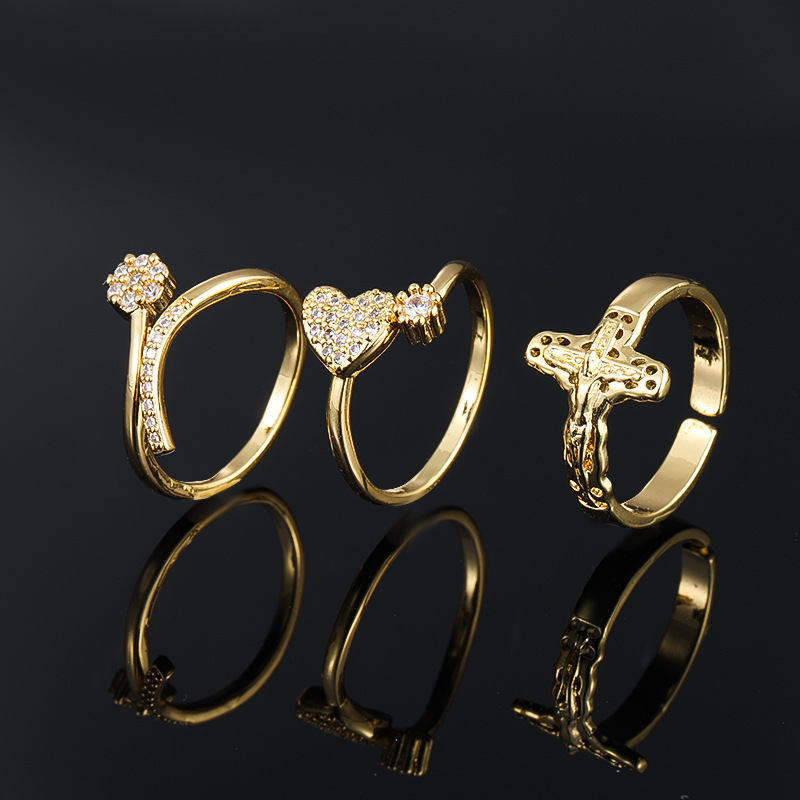 Copper-plated Gold Micro Inlaid Zircon Geometric Simple Ring - Heart