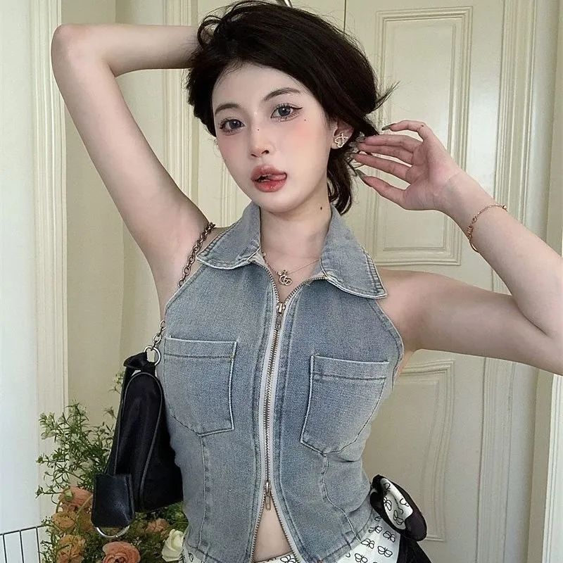 Fashionable look with Women's Sexy Zipper Sleeveless Summer Denim Tank Top