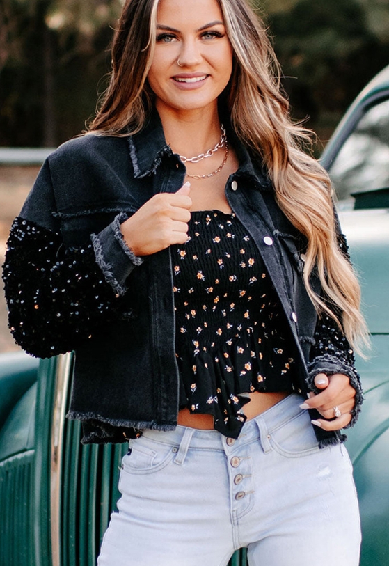 Women's Sequined Short Denim Jacket