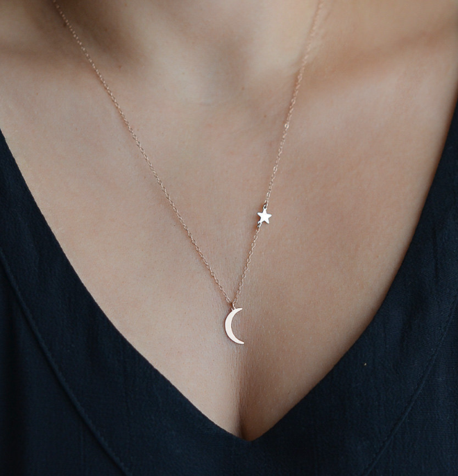 Star and Moon Necklace Silvery