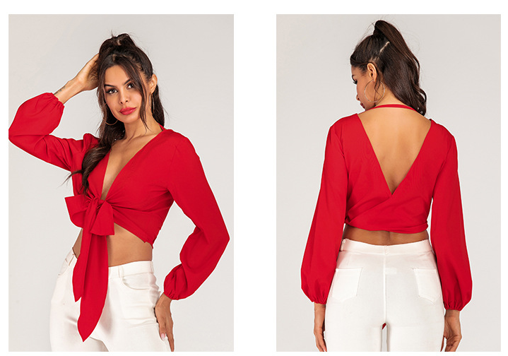 Long Sleeve Sexy Cropped Tie V-Neck Top