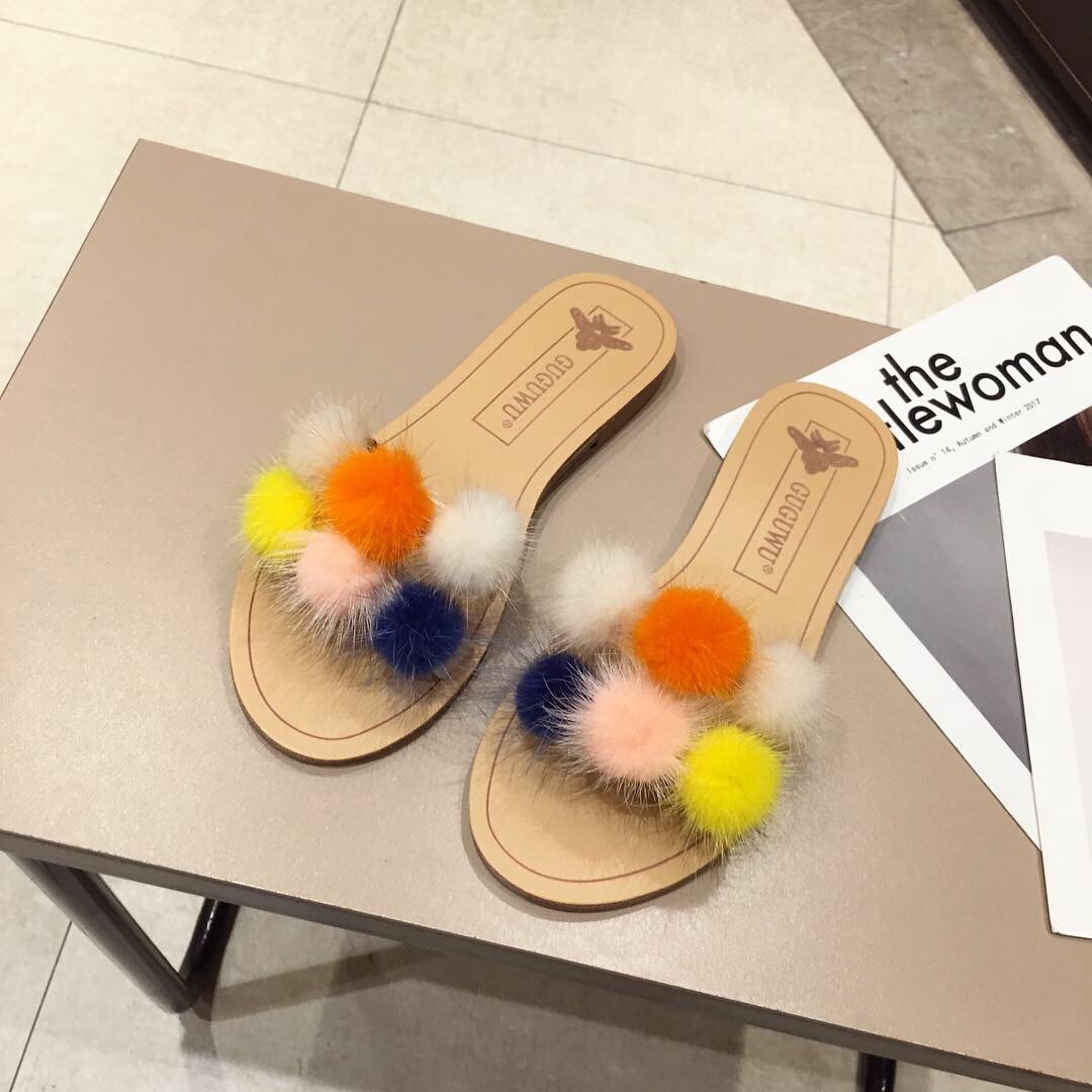 Fringed Wool Ball Slippers Image 3
