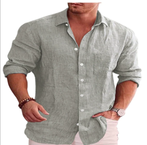 Men's solid color shirt linen lapel long sleeve casual shirt image
