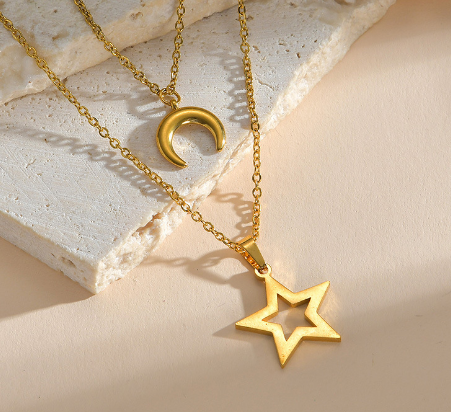 Star and Moon Double Layer Necklace Image 3