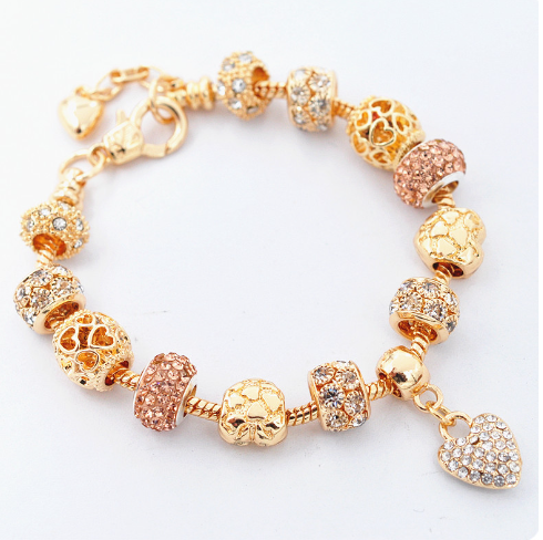 Gold Snake Chain Crystal Heart Bead Bracelet