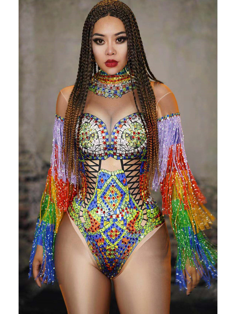 Rhinestone Tassel Tight Jumpsuit Image 4