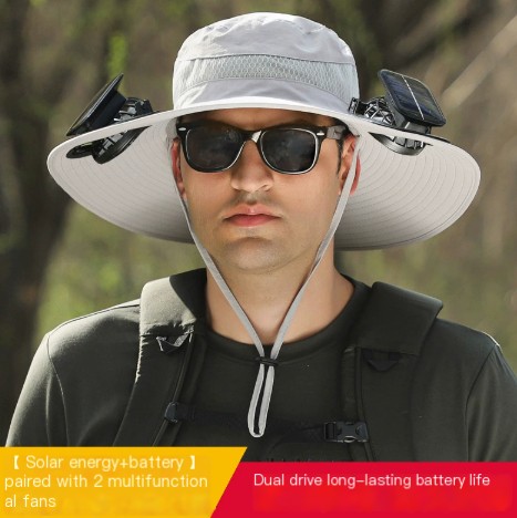 Long endurance lithium battery fan, solar charging, strong wind power, summer sun protection hat, men's sun protection fisherman hat, quick drying