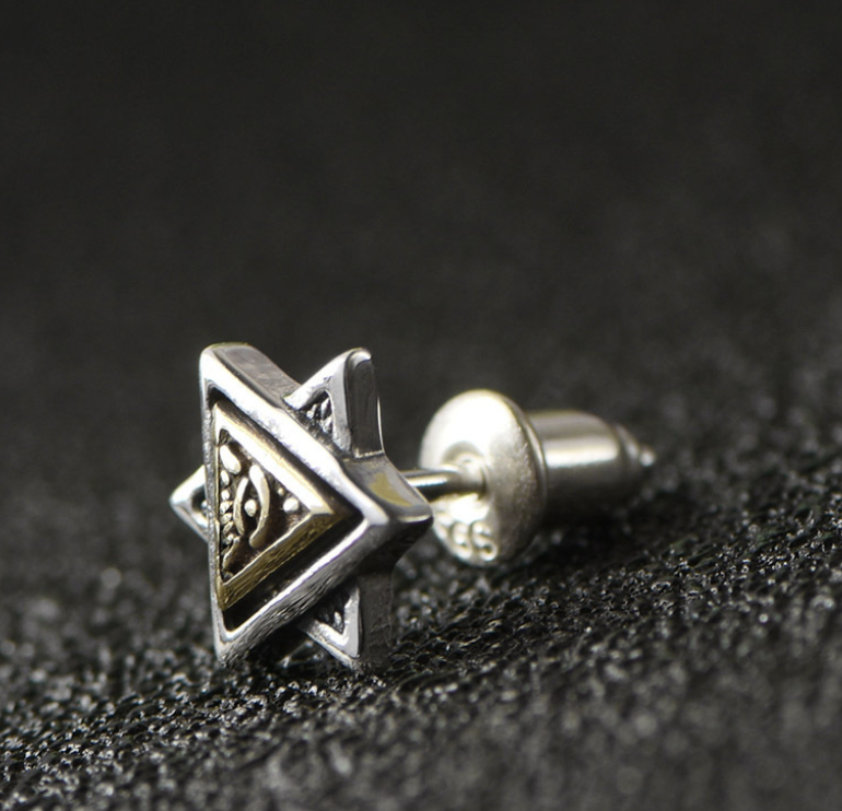 Vintage Men's God's Eye Double Layer Triangle Stud Earrings 3