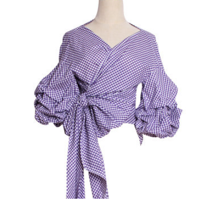 Long Sleeve Checkered Shirt with Off-Shoulder Bow Tie