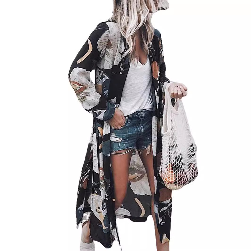 2022 AliExpress Amazon wish European and American printed chiffon cardigan Long Beach blouse sunscreen women's clothing image