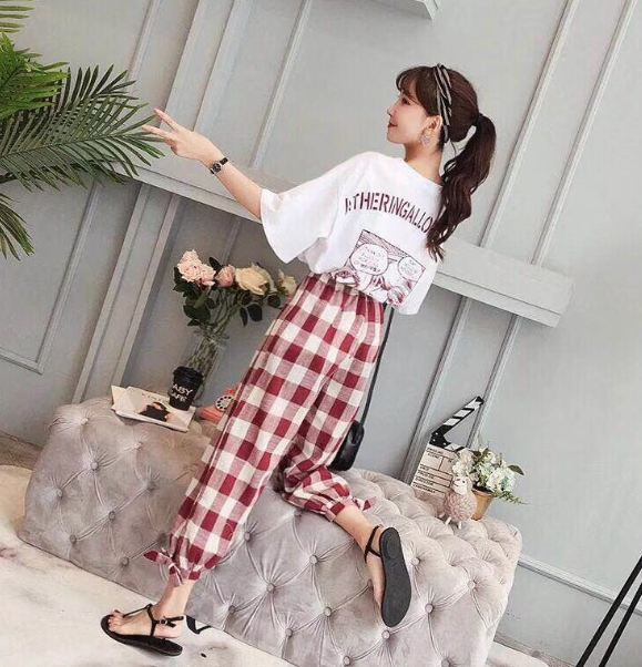Two-piece printed plaid cropped trousers