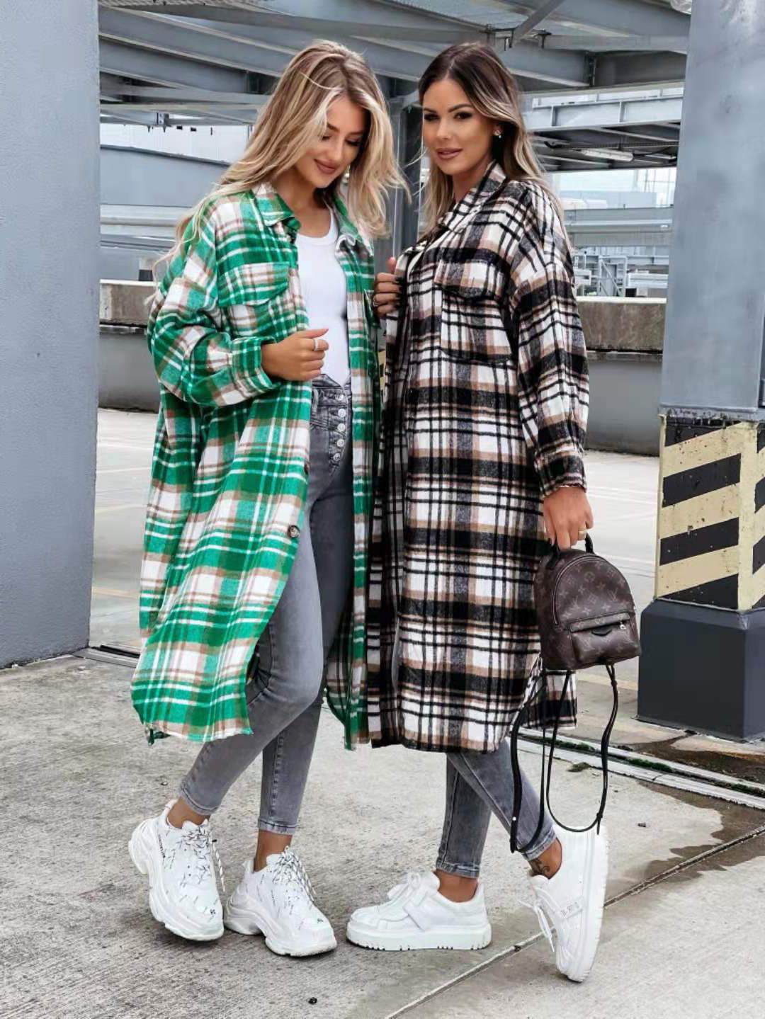 European And American Loose Blue And White Plaid Woolen Long Coat 2