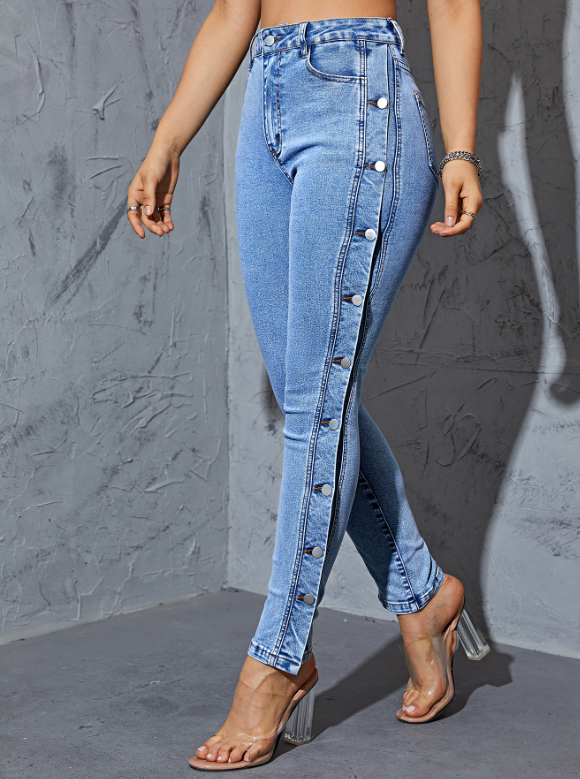 Blue Side Single-Breasted Button Denim Pants