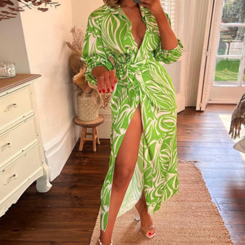 Fashion Print Balloon Sleeve Tie Slit Wrap Dress Image 1