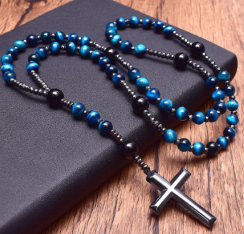 Blue Tiger Eye Cross Pendant Necklace