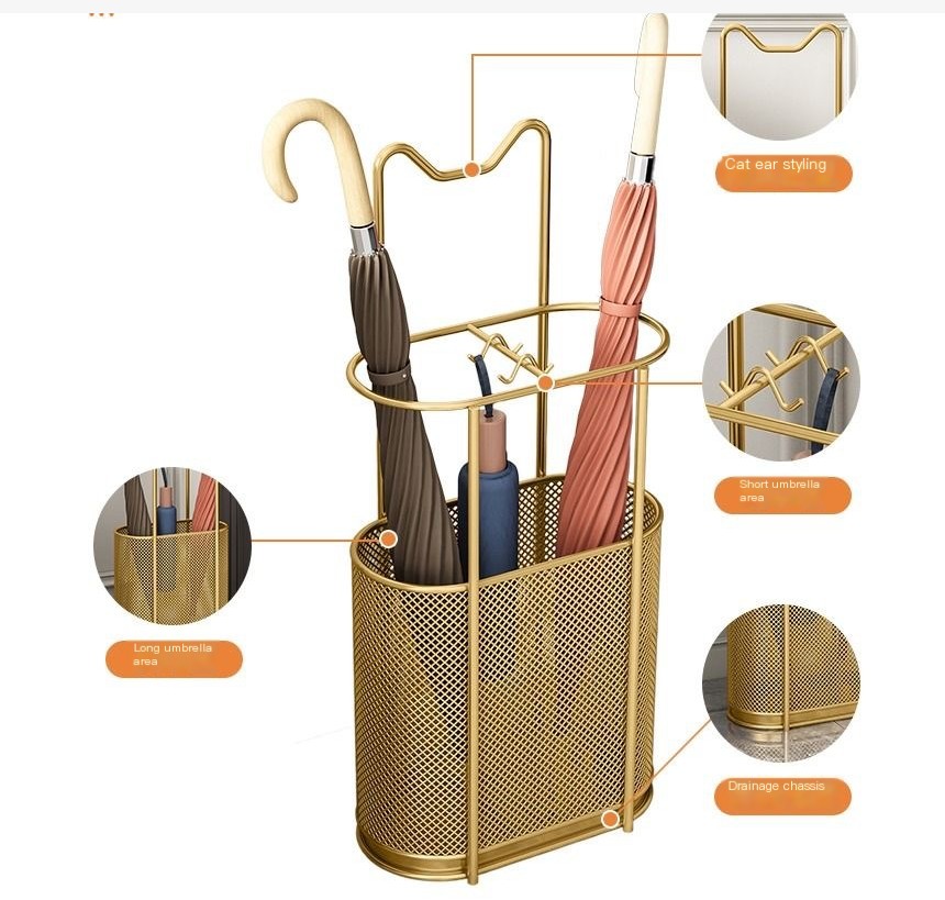 Metal Entrance Umbrella Stand With Cat Handle - Gold