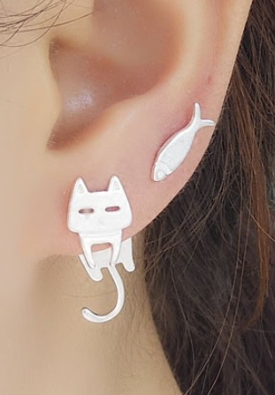 Model wearing Cat and Fish Stud Earrings