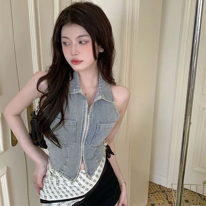 Styled Women's Sexy Zipper Sleeveless Summer Denim Tank Top