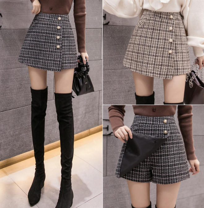 New Female High-waisted A-line Woolen Plaid Skirt