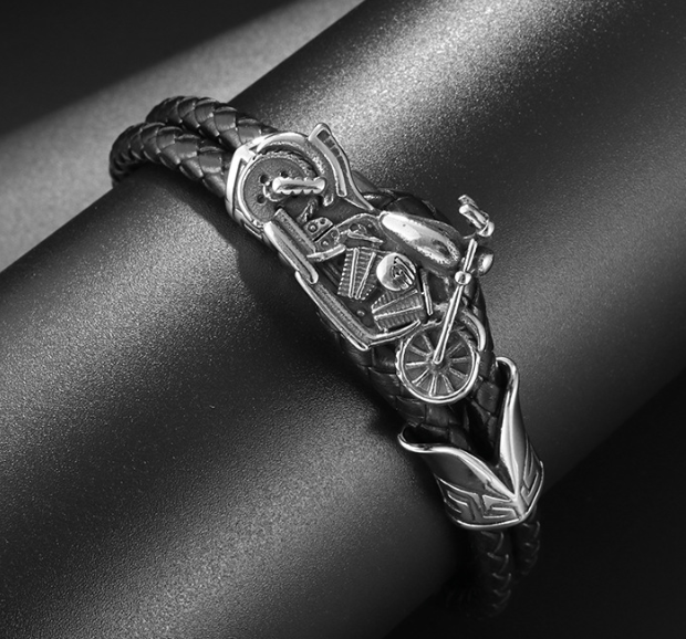 Men's Weaving Motorcycle Stainless Steel Leather Bracelet Image 3