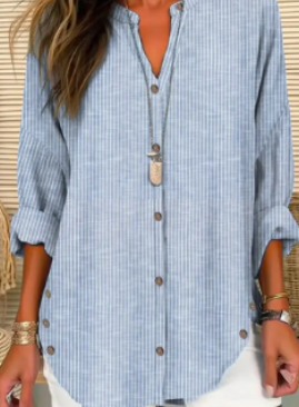 Button Striped Long Sleeved Solid Color Shirt