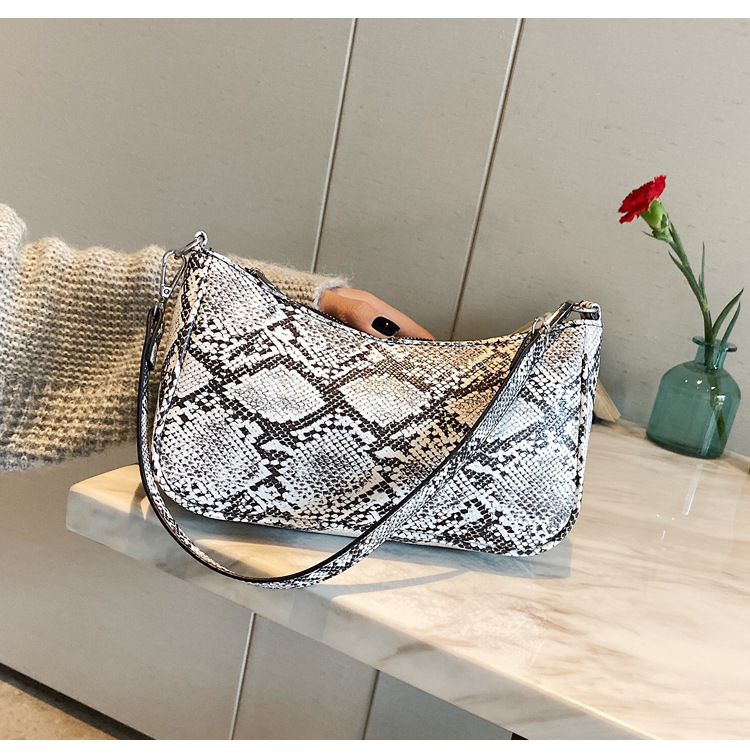 Retro Snake Print Baguette Bag - White