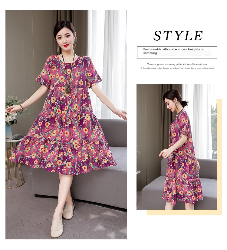 Mom Loose Slim Floral Cotton Silk Dress Summer Dress 2023 New Women's Short Sleeve Stylish Fashion Elegant
